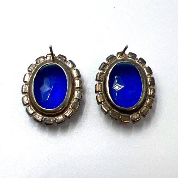 Pierced Earrings Women Blue Oval Post Silver Rhinestones - Picture 2 of 4